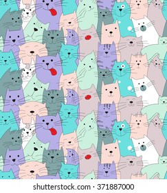 Seamless pattern of different cute linear colored cats. Vector drawing.