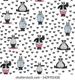 
Seamless pattern with different cute pandas. Pandas among us. Everyday life