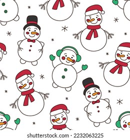 Seamless pattern with different cute snowmen in a hat, Christmas hat, headphones, mittens, scarf in doodle style on white background. Vector illustration for winter, New Year