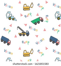 Seamless pattern with different cute toy cars.