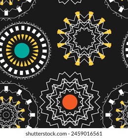 Seamless pattern with different decorative objects on a black background. Vector illustration