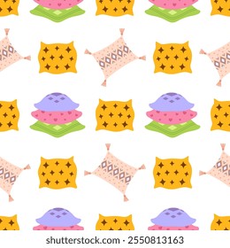 seamless pattern of different decorative pillows isolated on white, home interior textile, cartoon set, flat style