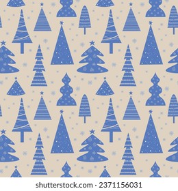 Seamless pattern with different decorative Xmas trees and snow in forest festive motive. Winter repeating background Nordic ornament with decorative fir trees for congratulations, pakking design, card