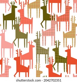 seamless pattern with different deer, different colors and textures. festive vector hand-drawn illustration. print for fabric, wrapping paper, takeaway tableware.