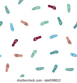 Seamless pattern with different design Flip Flops is drawn in flat style. Summer Decorative Element - Wrapping Paper, Background, Fashion Design