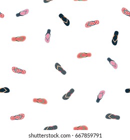 Seamless pattern with different design Flip Flops is drawn in flat style.