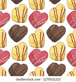 Seamless pattern of different desserts, candies. Romantic endless texture. Hand drawn. Vector illustration.