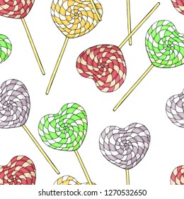 Seamless pattern of different desserts, lollipops. Romantic endless texture. Hand drawn. Vector illustration.