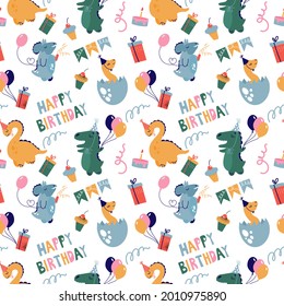 Patrón sin foco con diferentes dinosaurios. Los dinosaurios celebran su cumpleaños con regalos, dulces y globos.