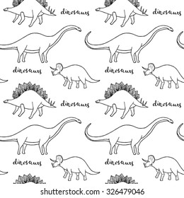 Seamless pattern of different dinosaurs: Diplodocus, Stegosaurus, Triceratops. Hand drawing. Vector.
