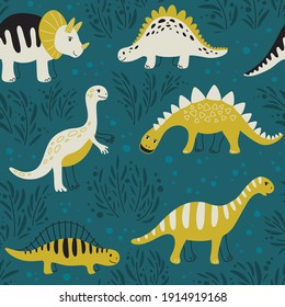 Seamless pattern with different dinosaurs on a dark background. Vector Background for fabric, textile, posters, gift wrapping paper, napkins, tablecloths.
