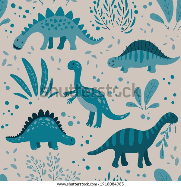 Seamless pattern with different dinosaurs on a light background. Vector Background for wallpaper for walls.