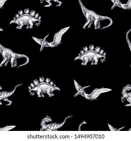 Seamless pattern with different dinosaurs.  Vector.