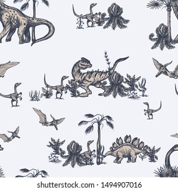 Seamless pattern with different dinosaurs.  Vector.