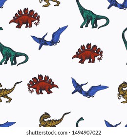 Seamless pattern with different dinosaurs.  Vector.