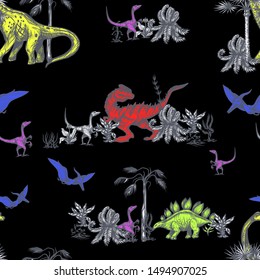 Seamless pattern with different dinosaurs.  Vector.