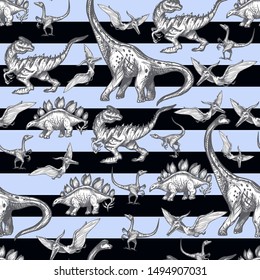 Seamless pattern with different dinosaurs.  Vector.