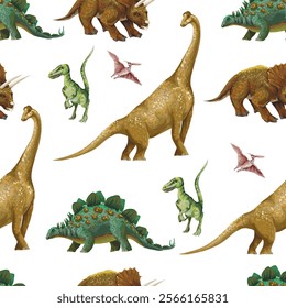 Seamless pattern with different dinosaurs. Vector