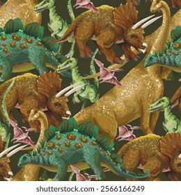 Seamless pattern with different dinosaurs. Vector