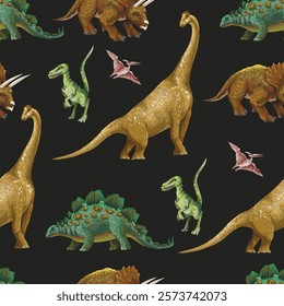 Seamless pattern with different dinosaurs. Vector