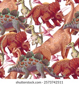 Seamless pattern with different dinosaurs. Vector