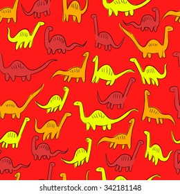 Seamless pattern of different Diplodocus. Hand drawn dinosaurs. Background pattern in vector
