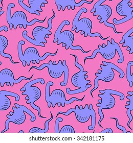 Seamless pattern of different Diplodocus. Hand drawn dinosaurs. Background pattern in vector
