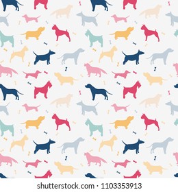 Seamless pattern with different dog breeds. Dachshund, Dalmatian, Bull Terrier, Staffordshire Terrier, Retriever, risen-schnauzer