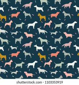 Seamless pattern with different dog breeds. Dachshund, Dalmatian, Bull Terrier, Staffordshire Terrier, Retriever, risen-schnauzer