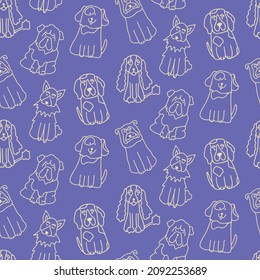 Seamless pattern with different dog breeds on very peri color background. Vector illustration for textile, fabric, wrapping paper, kids, wearing design.