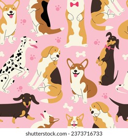 Seamless pattern with different dog breeds, Corgi, Dalmatian, Beagle, Dachshund.