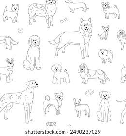 Seamless pattern with different dog breeds. Contour vector illustration of Pomeranian, Australian Shepherd, Goldendoodle, Dalmatian and more. Coloring wallpaper design