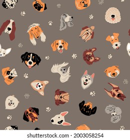 Seamless pattern with different dog faces and breeds. Repeat funny Dalmatian, bullterrier, Komondor, Basset hound, Chihuahua for background, wallpaper, fabric, textile 