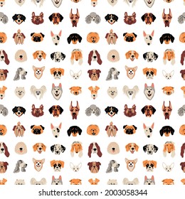 Seamless pattern with different dog faces and breeds. Repeat funny Dalmatian, bullterrier, Komondor, Basset hound, Chihuahua for background, wallpaper, fabric, textile 