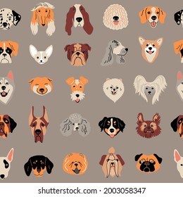 Seamless pattern with different dog faces and breeds. Repeat funny Dalmatian, bullterrier, Komondor, Basset hound, Chihuahua for background, wallpaper, fabric, textile 