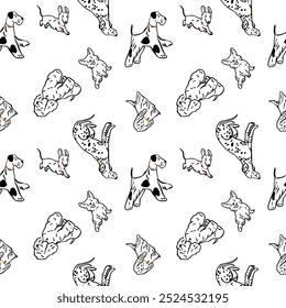 Seamless pattern with different dogs breeds. Corgi, Poodle, Dachshund, Poodle, Dalmatian, Terrier print. Minimalistic pattern with dogs