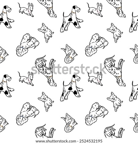 Seamless pattern with different dogs breeds. Corgi, Poodle, Dachshund, Poodle, Dalmatian, Terrier print. Minimalistic pattern with dogs