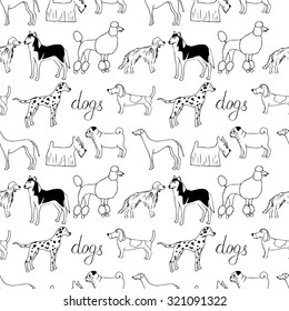 Seamless pattern of different dogs: Huskies, Dalmatian, poodle, pug, basset hound, greyhound, Scotch Terrier, Irish Setter. Hand drawing. Vector.