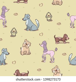 seamless pattern with different dogs on a colored background