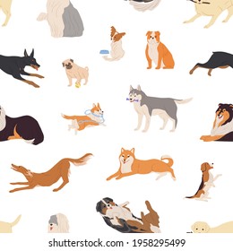 Seamless pattern with different dogs and puppies on white background. Endless repeatable texture with various canine breeds. Colored flat vector illustration of big and small purebred doggies
