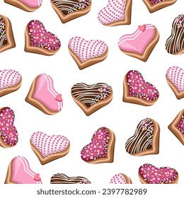 Seamless pattern of different donuts in the shape of a heart on a white background.Vector festive pattern for paper, textiles, designs for Valentine's Day, birthdays.