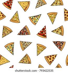 Seamless pattern with different doodle colored pizza slices.