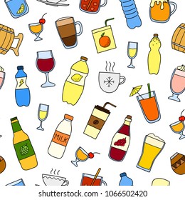 Seamless pattern with different doodle colorful liquid drinks.