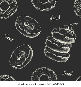 Seamless pattern with different doodle glazed donuts on black. Lettering, Sketch, hand drawn. Desert background