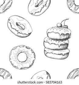 Seamless pattern with different doodle glazed donuts on white. Desert background. Sketch, hand drawn. 