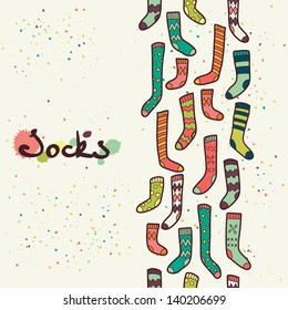 Seamless pattern and different doodle hand drawn socks  Vector background 