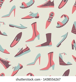 Seamless Pattern with Different Doodle Shoes. Hand Drawn Vector Illustration.