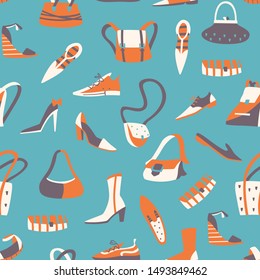 Seamless Pattern with Different Doodle Shoes and Bags. Hand Drawn Vector Illustration.