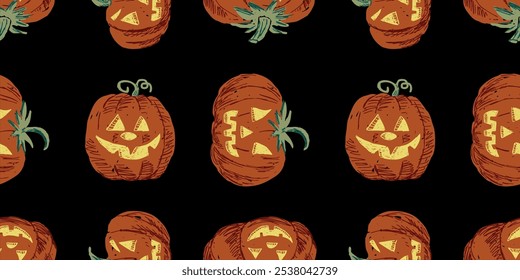 Seamless pattern of different drawn  Halloween pumpkins, vector illustration, black background