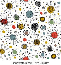 Seamless pattern with different drawn viruses. Vector colorful texture with abstract round shapes, decorative background for web pages, designs, templates